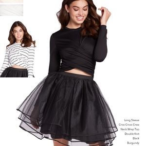 White long sleeve crisscross crew neck wrap top